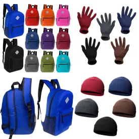 12 Bulk 17" Diamond Patch Backpacks & Your Choice of 12 Winter Item Sets - Wholesale Care Package: Homeless, Emergency, Charity