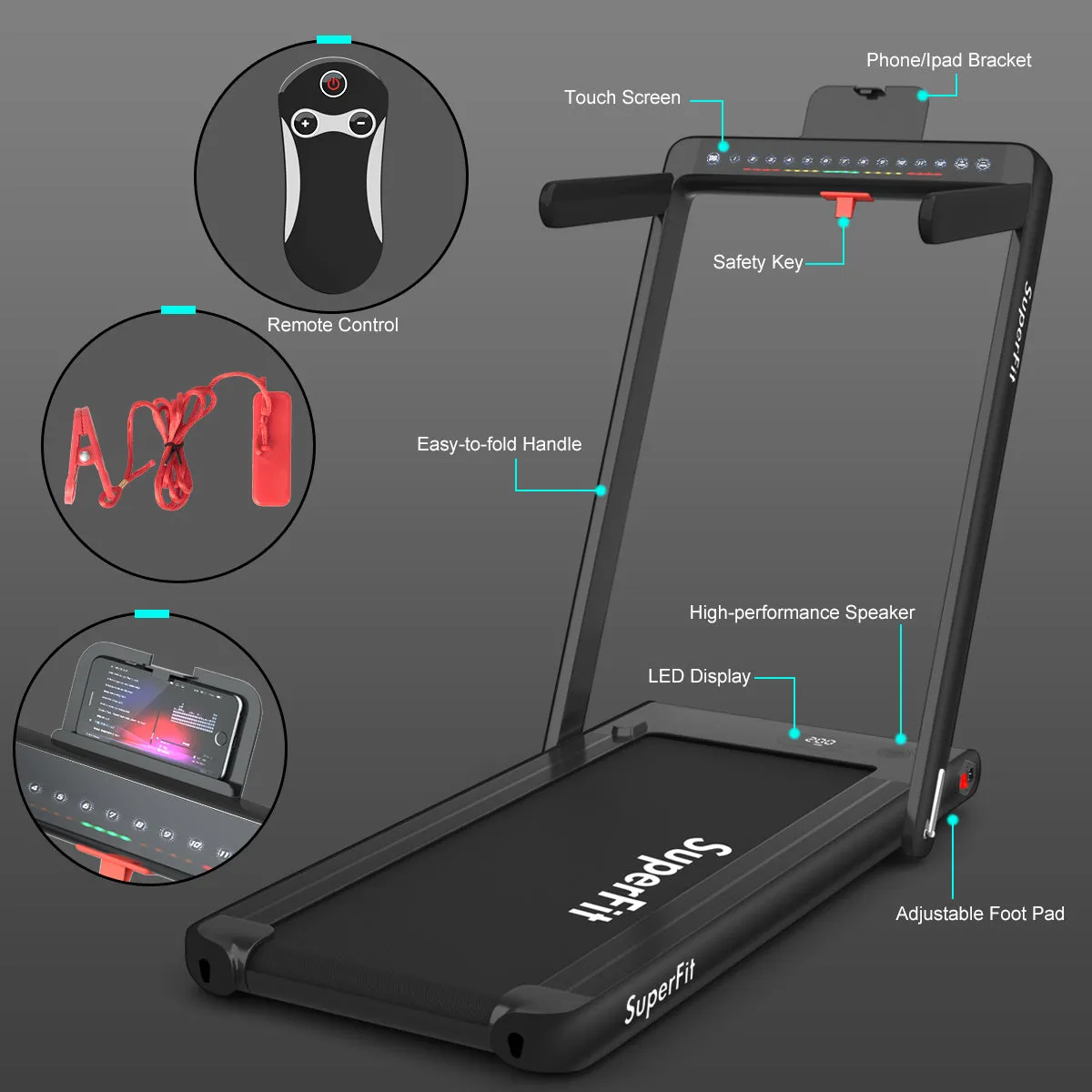 2 in 1 Dual Display Folding Treadmill Jogging Machine W/APP Control