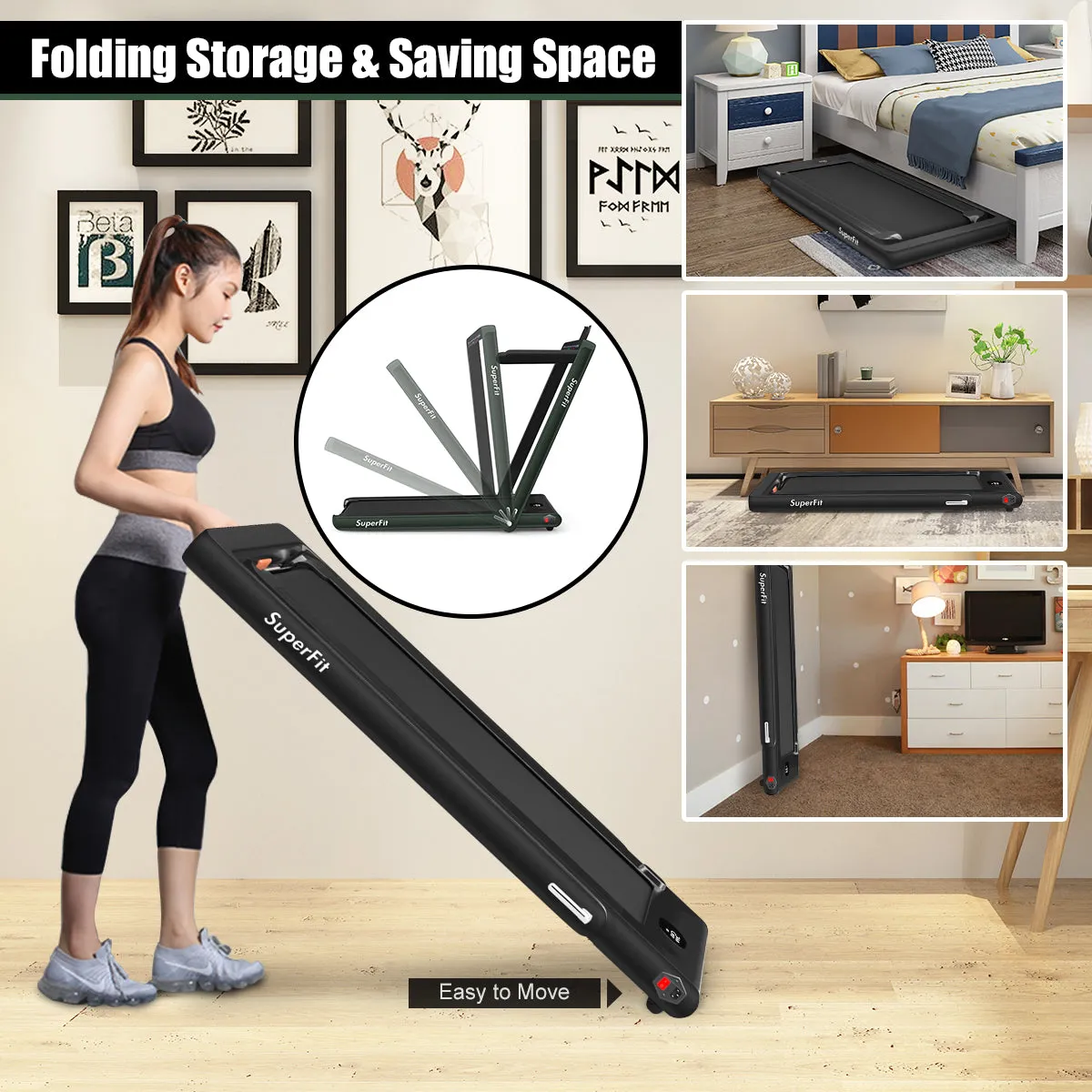 2 in 1 Dual Display Folding Treadmill Jogging Machine W/APP Control