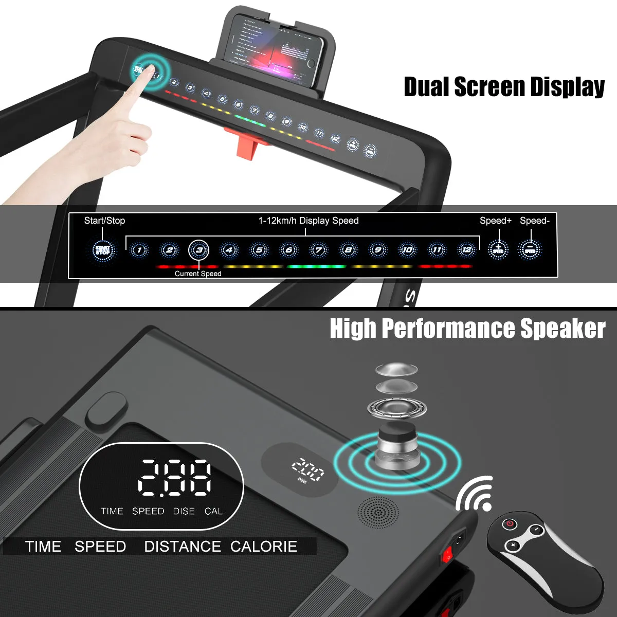 2 in 1 Dual Display Folding Treadmill Jogging Machine W/APP Control