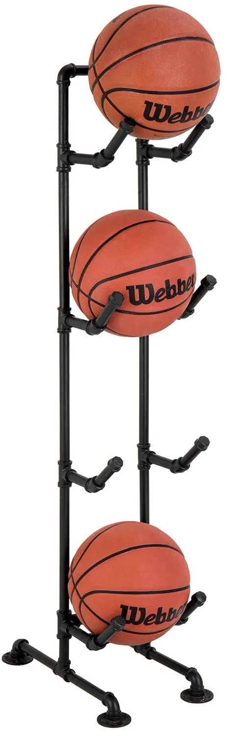 4-Tier Industrial Black Metal Pipe Indoor Outdoor Basketball, Volleyball, and Sports Ball Storage Organizer Rack