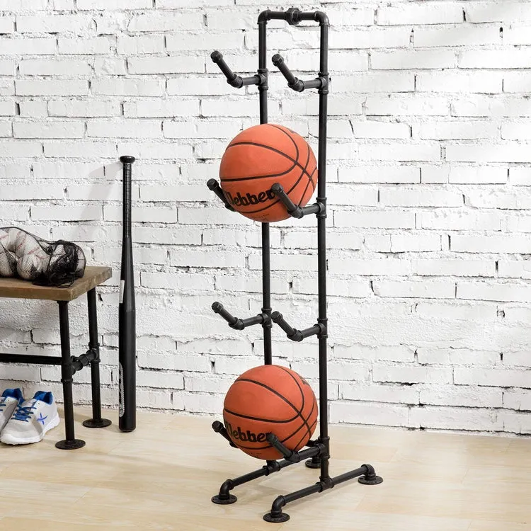 4-Tier Industrial Black Metal Pipe Indoor Outdoor Basketball, Volleyball, and Sports Ball Storage Organizer Rack