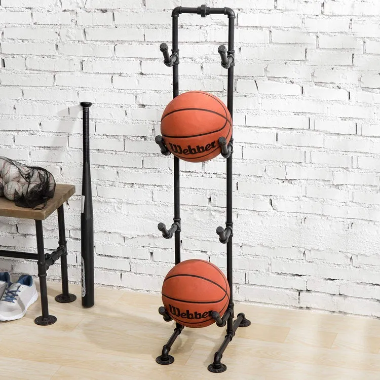 4-Tier Industrial Black Metal Pipe Indoor Outdoor Basketball, Volleyball, and Sports Ball Storage Organizer Rack