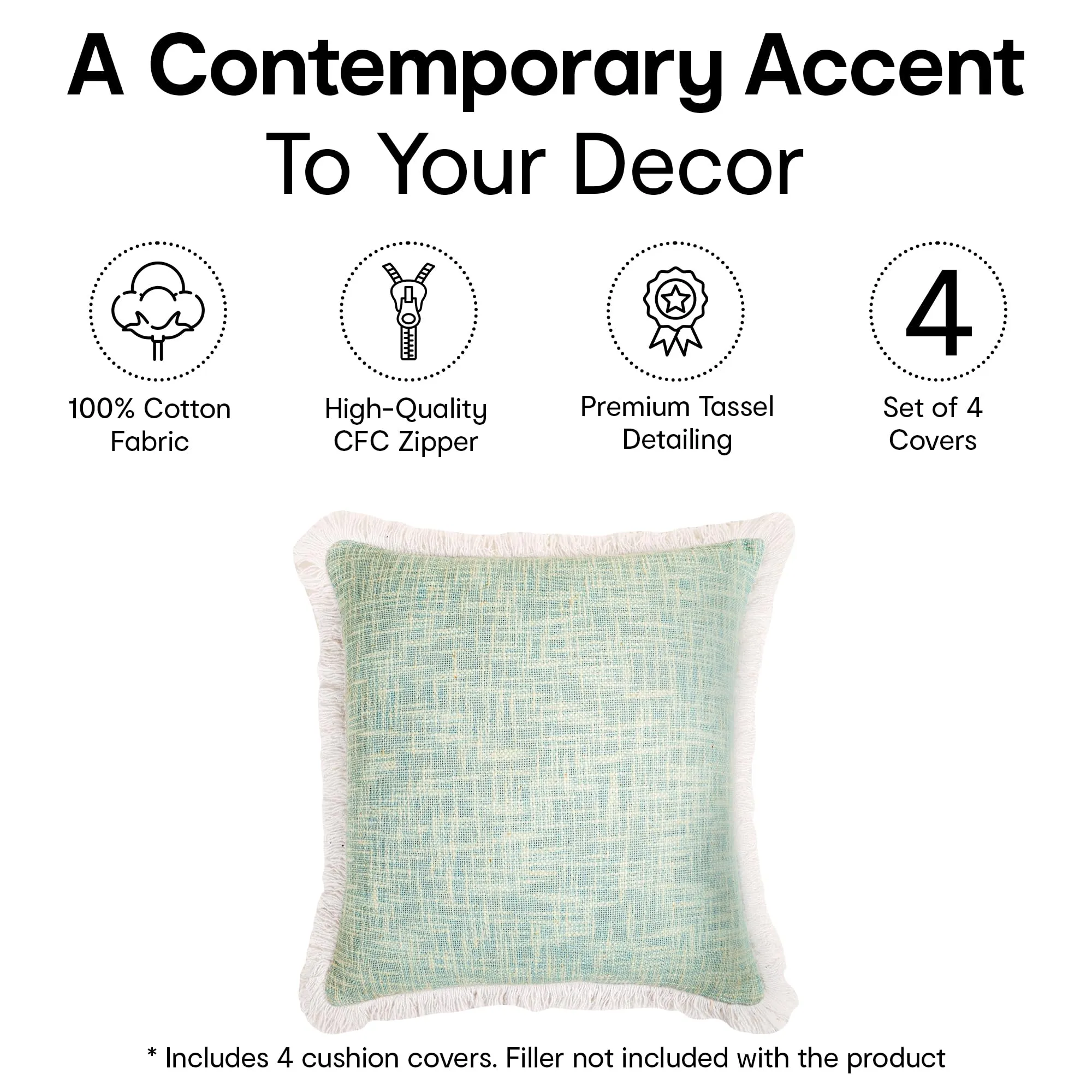 Anko 100% Cotton Square Cushion Covers Set of 4| Textured Cushion Covers with Fringes for Sofa & Bed (Without Filler) | Jade | 43 Cm (L) x 43 Cm (W) Each (4 Pc)