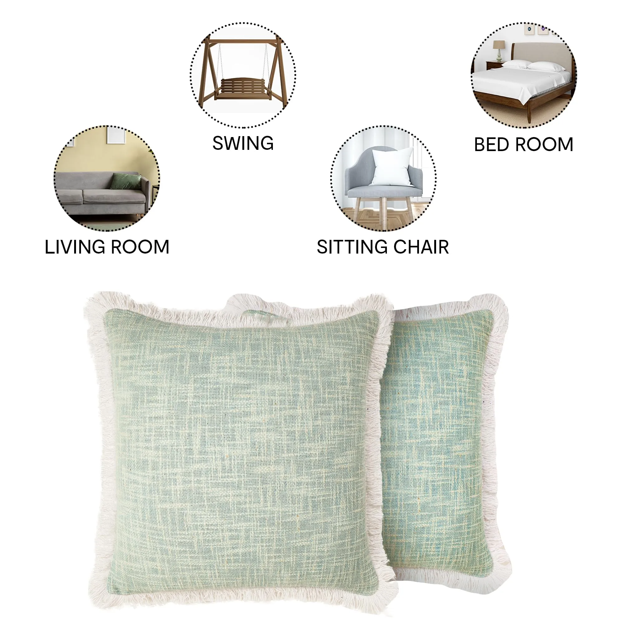 Anko 100% Cotton Square Cushion Covers Set of 4| Textured Cushion Covers with Fringes for Sofa & Bed (Without Filler) | Jade | 43 Cm (L) x 43 Cm (W) Each (4 Pc)