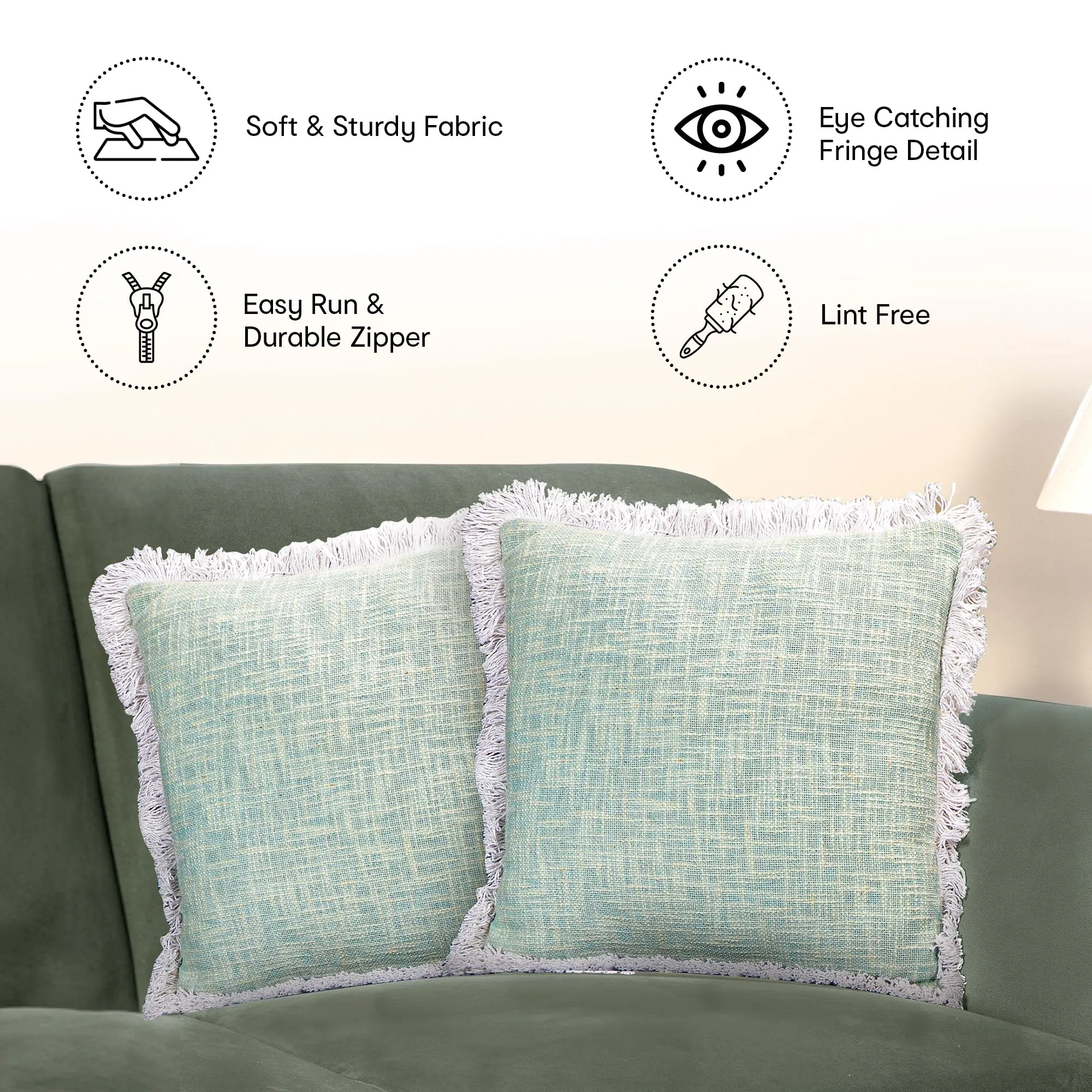 Anko 100% Cotton Square Cushion Covers Set of 4| Textured Cushion Covers with Fringes for Sofa & Bed (Without Filler) | Jade | 43 Cm (L) x 43 Cm (W) Each (4 Pc)