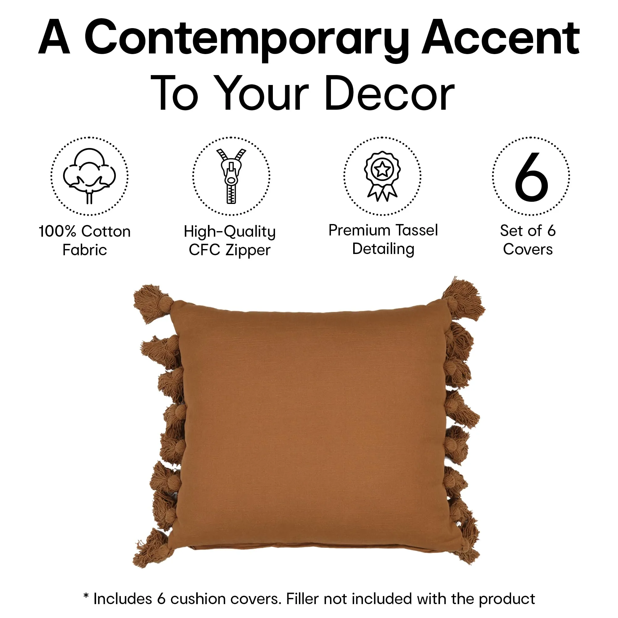 Anko 100% Cotton Square Cushion Covers Set of 6 | Textured Cushion Covers with Fringes for Sofa & Bed (Without Filler) | Tan (Brown) | 43 Cm (L) x 43 Cm (W) Each (6 Pc)