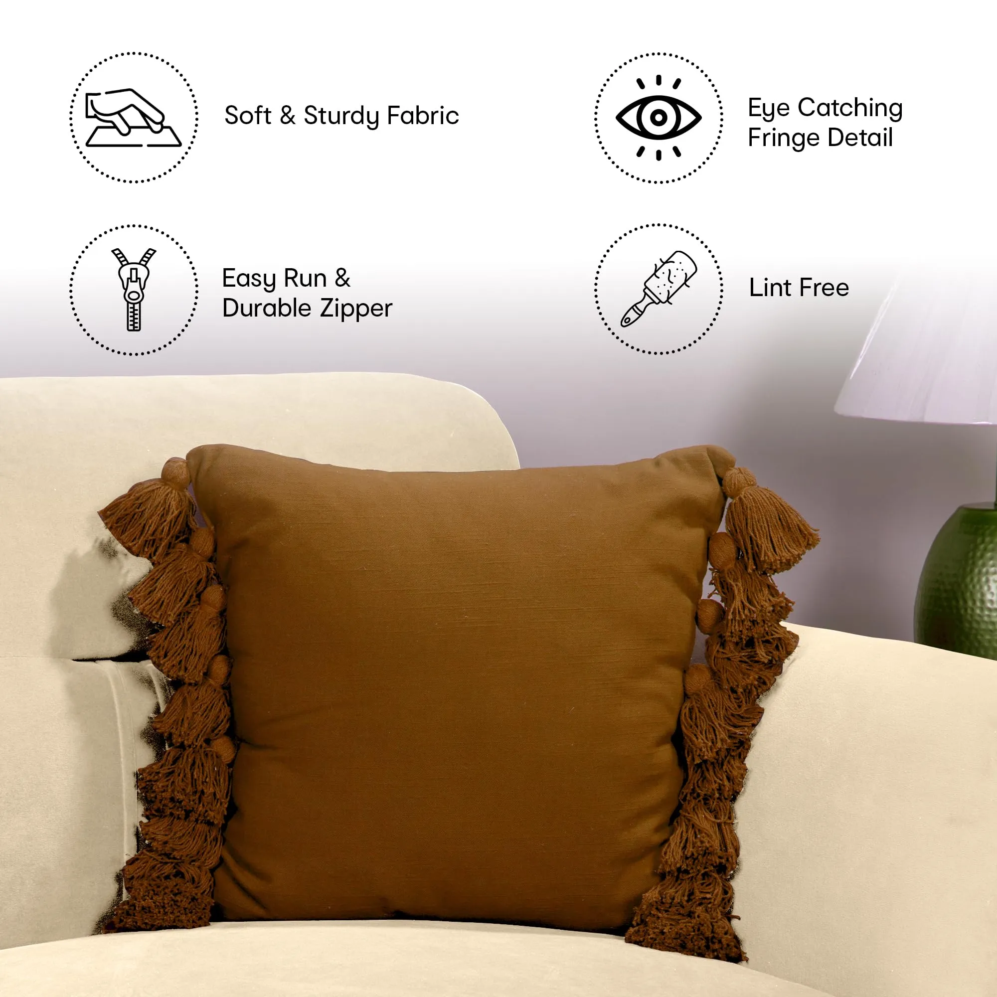 Anko 100% Cotton Square Cushion Covers Set of 6 | Textured Cushion Covers with Fringes for Sofa & Bed (Without Filler) | Tan (Brown) | 43 Cm (L) x 43 Cm (W) Each (6 Pc)