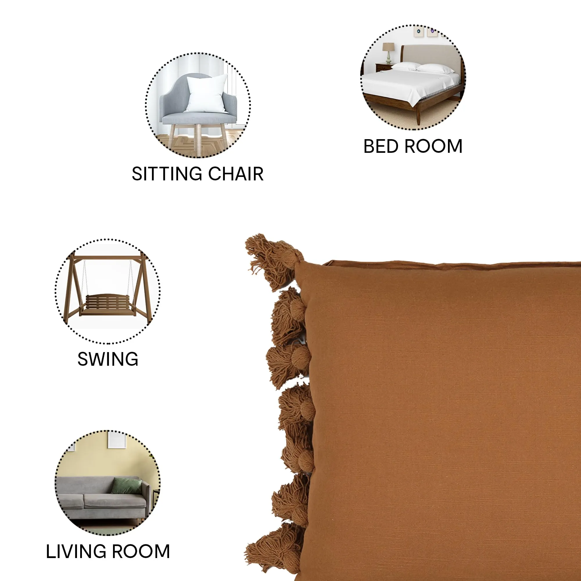 Anko 100% Cotton Square Cushion Covers Set of 6 | Textured Cushion Covers with Fringes for Sofa & Bed (Without Filler) | Tan (Brown) | 43 Cm (L) x 43 Cm (W) Each (6 Pc)