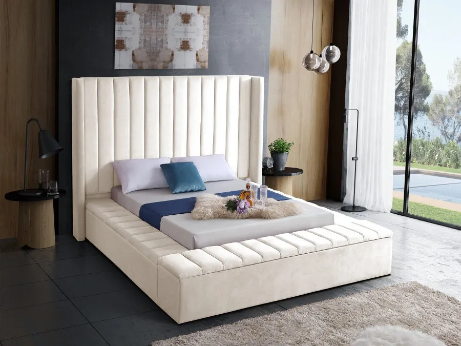 Creme Velvet Fabric Bed with Channel Tufting & 3 Storage Benches- Model #5723