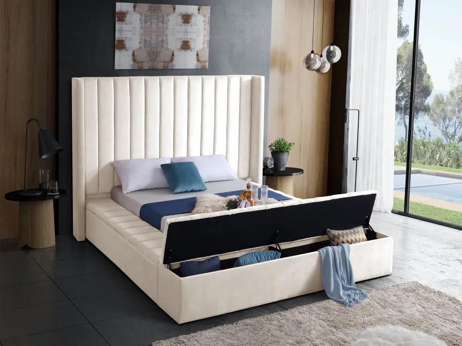Creme Velvet Fabric Bed with Channel Tufting & 3 Storage Benches- Model #5723