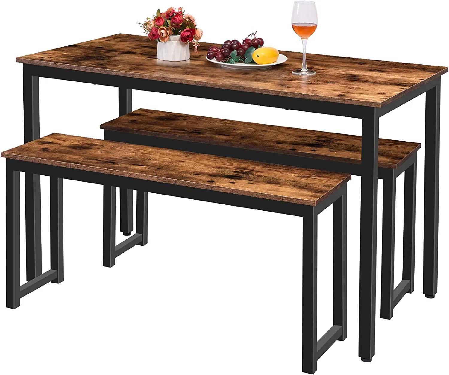 Dining Benches, Pair of 2 Benches, Industrial Style Indoor Benches, Durable Metal Frame
