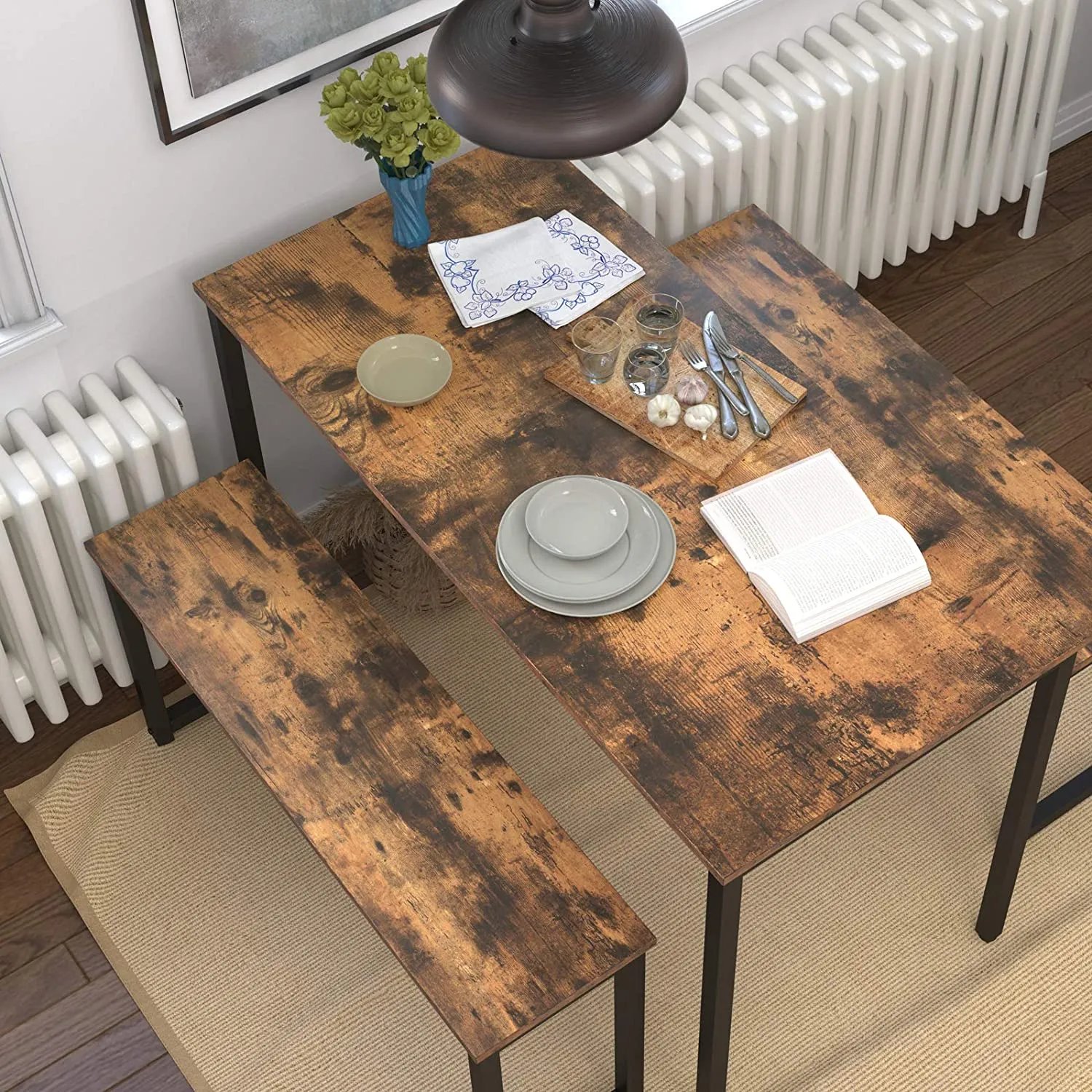 Dining Benches, Pair of 2 Benches, Industrial Style Indoor Benches, Durable Metal Frame