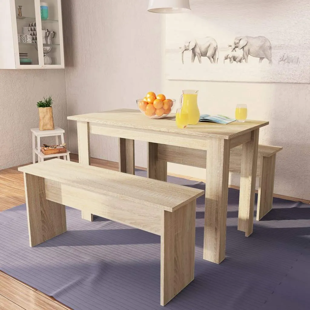 Dining Table And Benches 3 Pieces Chipboard Dining Room Set Oak/White