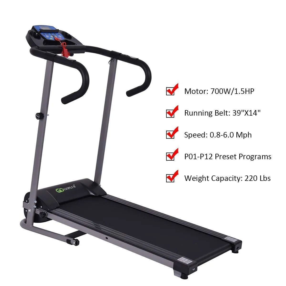 Goplus 1100W Electric Folding Treadmill, with LCD Display and Heart Rate Sensor, Compact Running Machine for Home