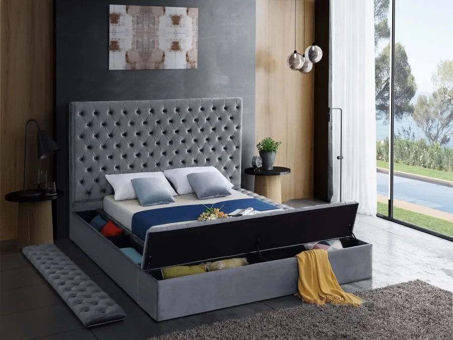 Grey Velvet Fabric Bed- 3 Storage Benches- All 3 Sides Open- Queen or King- Model #5790