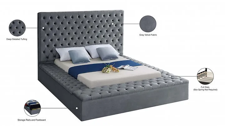 Grey Velvet Fabric Bed- 3 Storage Benches- All 3 Sides Open- Queen or King- Model #5790