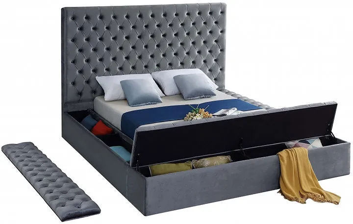 Grey Velvet Fabric Bed- 3 Storage Benches- All 3 Sides Open- Queen or King- Model #5790