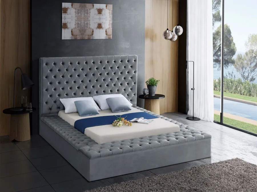Grey Velvet Fabric Bed- 3 Storage Benches- All 3 Sides Open- Queen or King- Model #5790
