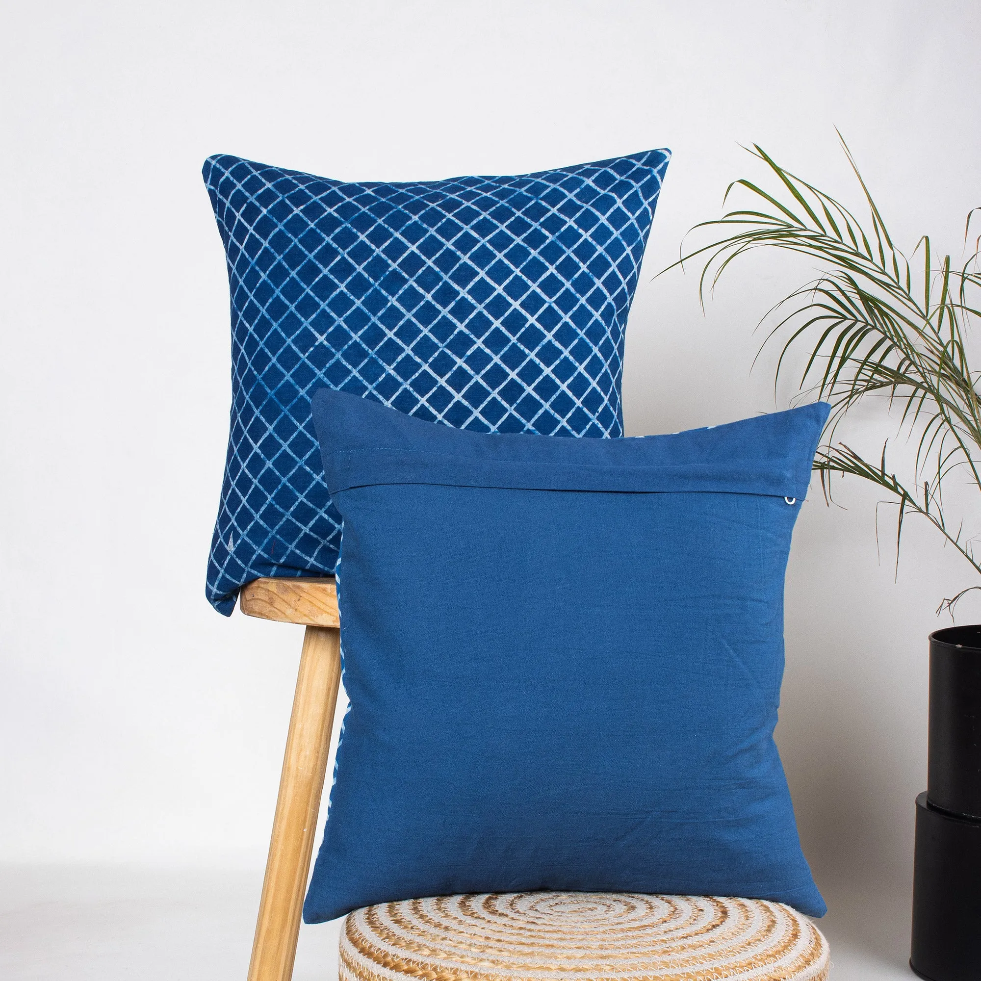 Hand Block Indigo Blue Geometrical Print Cotton 18 by 18 Cushion Covers