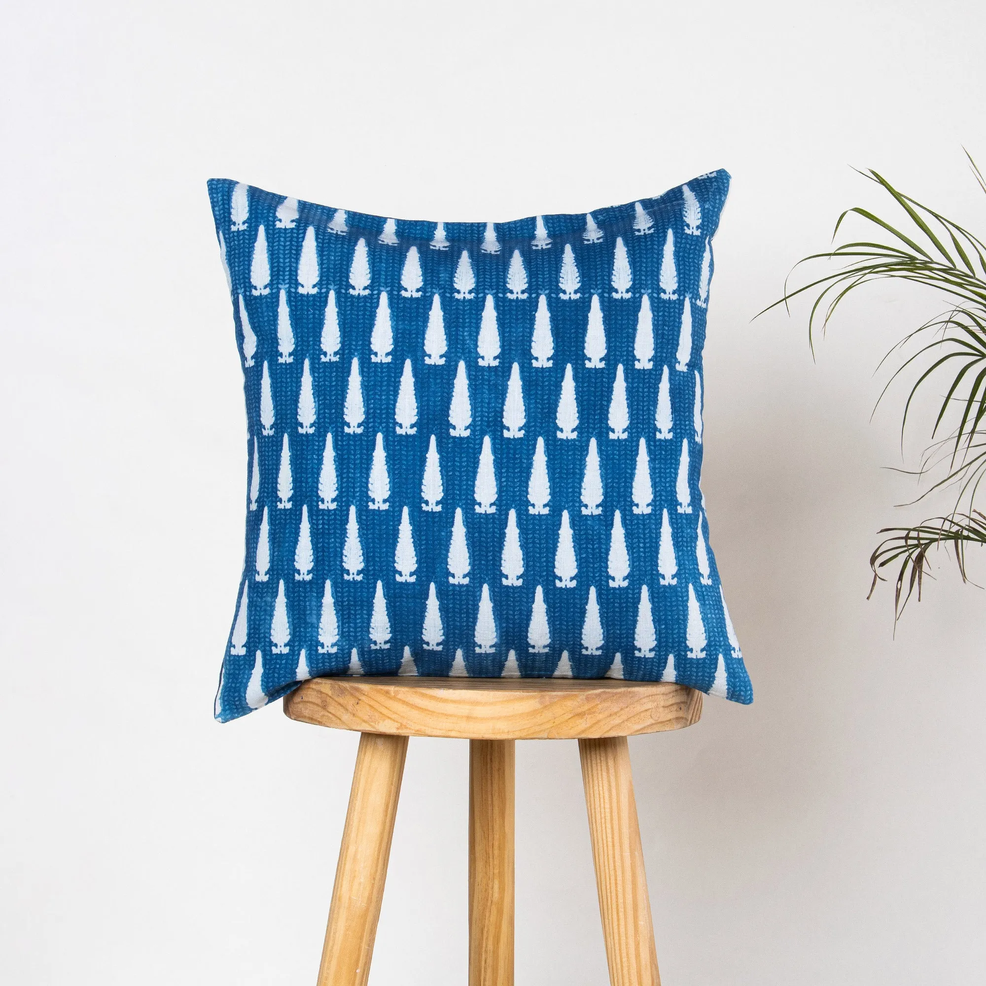 Hand Block Indigo Leaf Printed Pure Cotton Cushion Covers