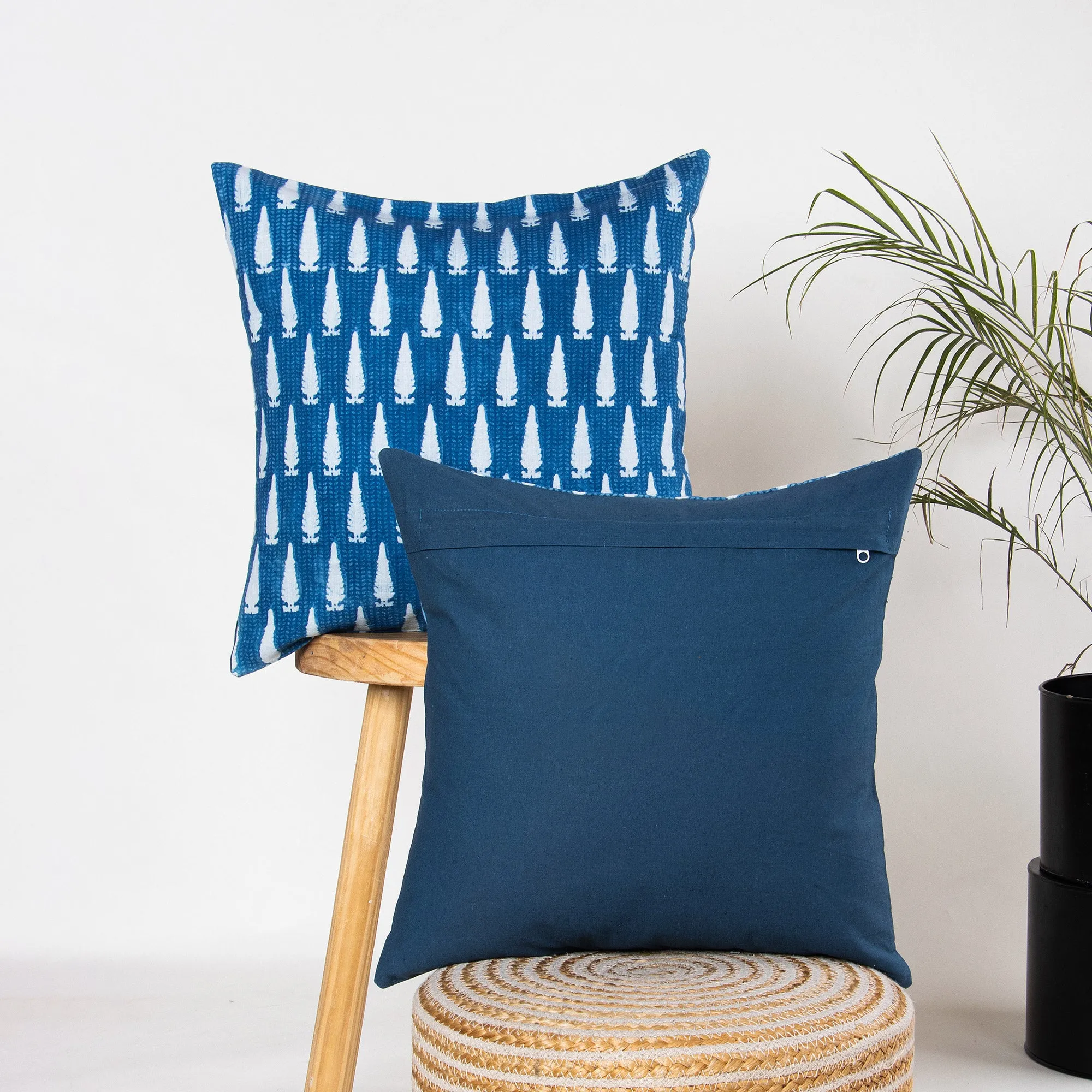 Hand Block Indigo Leaf Printed Pure Cotton Cushion Covers