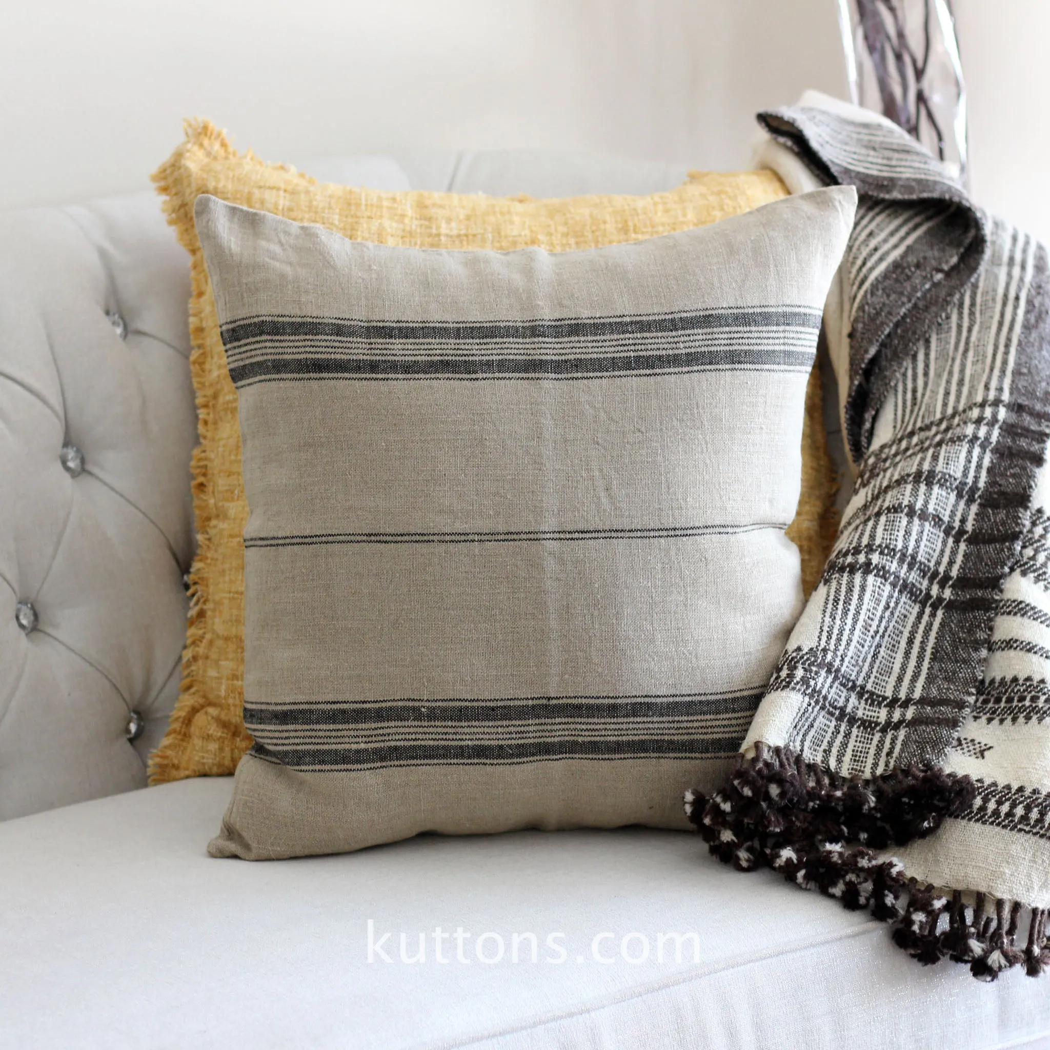 Handmade Natural Linen Cushion Cover - Black Stripes | Throw Pillow | Brown, 20x20"