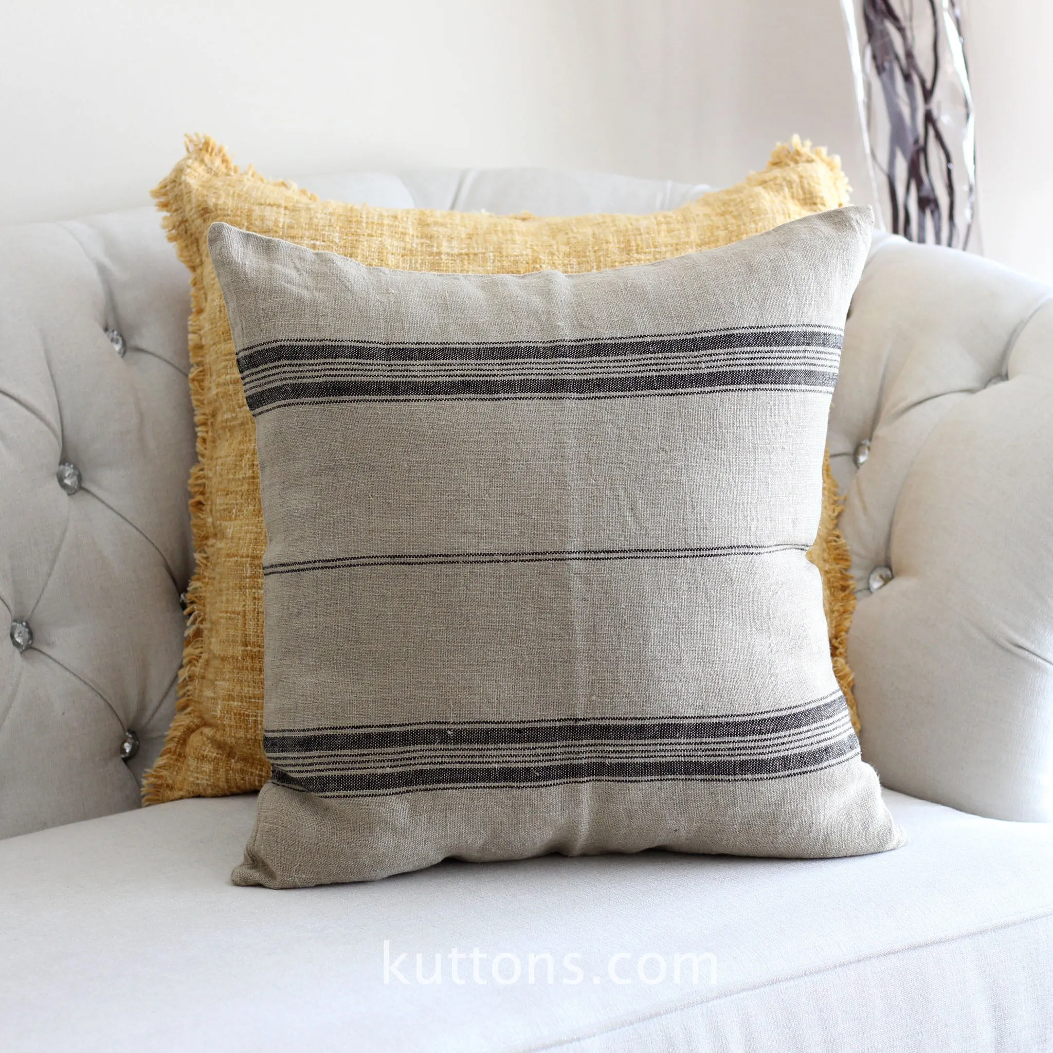 Handmade Natural Linen Cushion Cover - Black Stripes | Throw Pillow | Brown, 20x20"