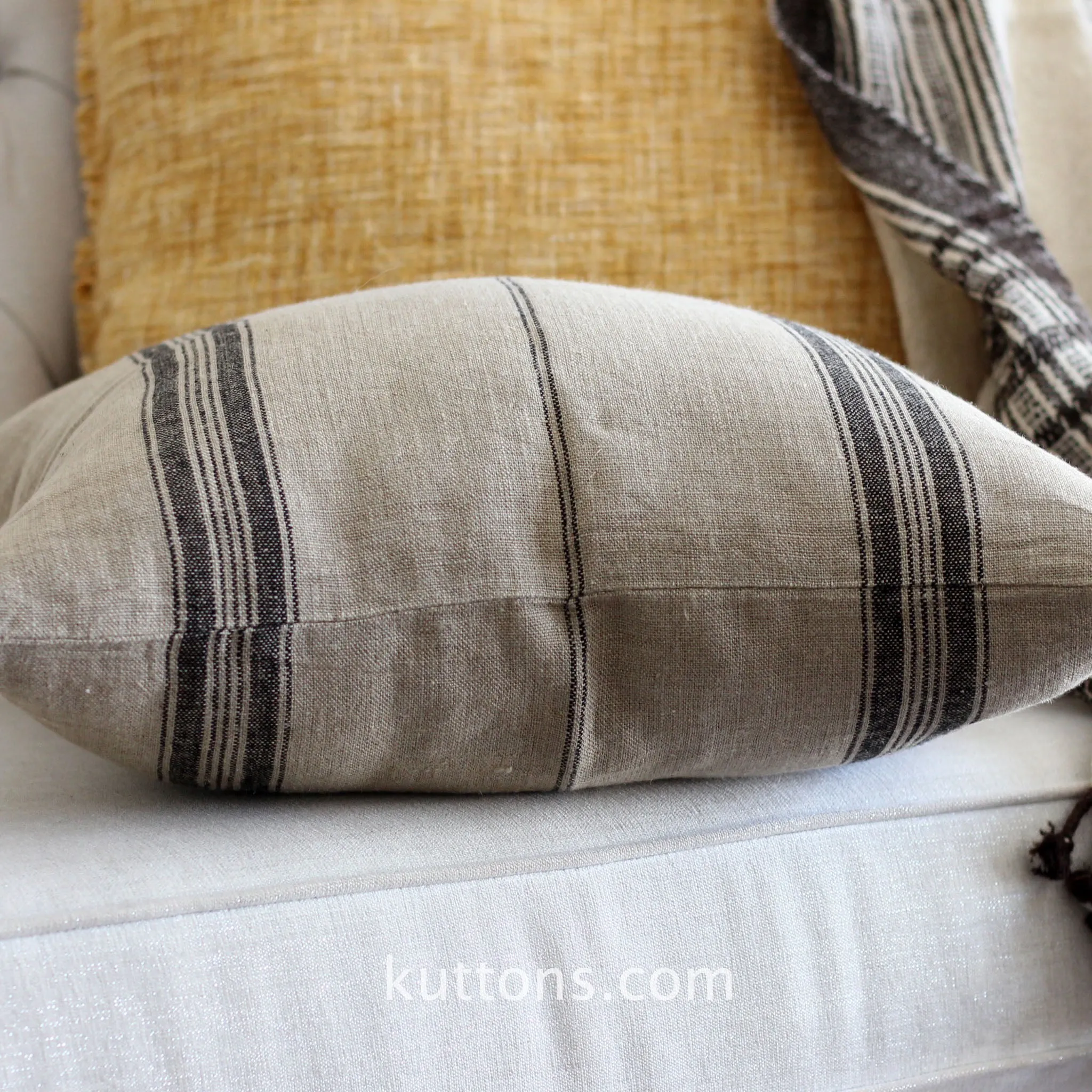 Handmade Natural Linen Cushion Cover - Black Stripes | Throw Pillow | Brown, 20x20"