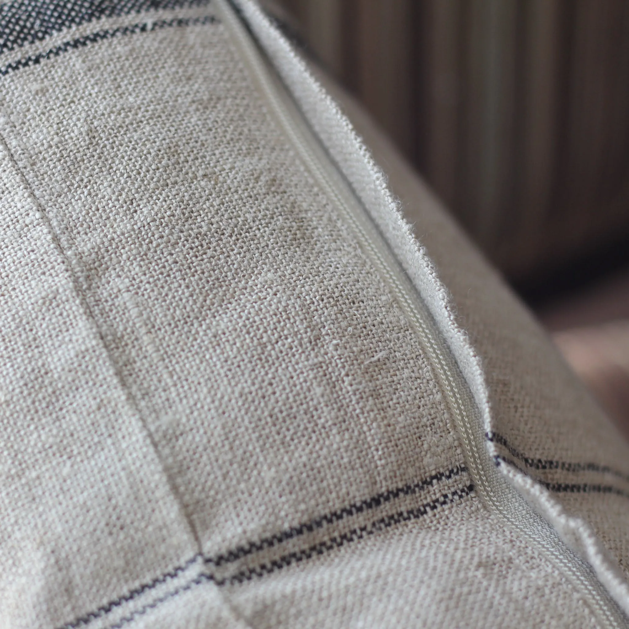 Handmade Natural Linen Cushion Cover - Black Stripes | Throw Pillow | Brown, 20x20"