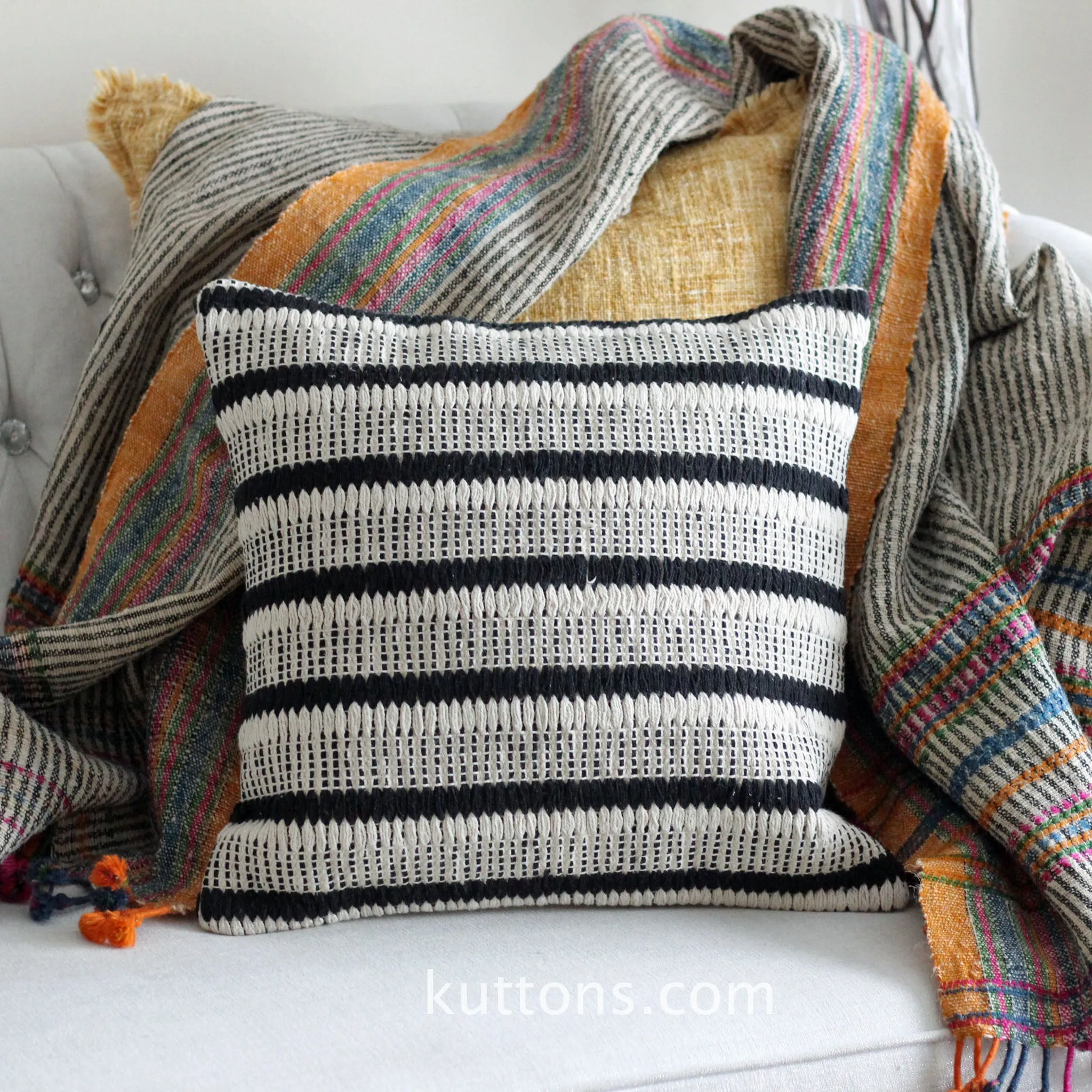 Handwoven Cotton Throw Pillow Cover - Indoor/Outdoor Cushion | Sturdy, Black-White, 18x18"