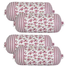 Heart Home Bolster Covers | Cotton Bolster Cover Set | Diwan Bolster Cover Set | Bolster Pillow Cover | Pink Flower Masand Cover | 16x32 Inch | Pack of 4 | White
