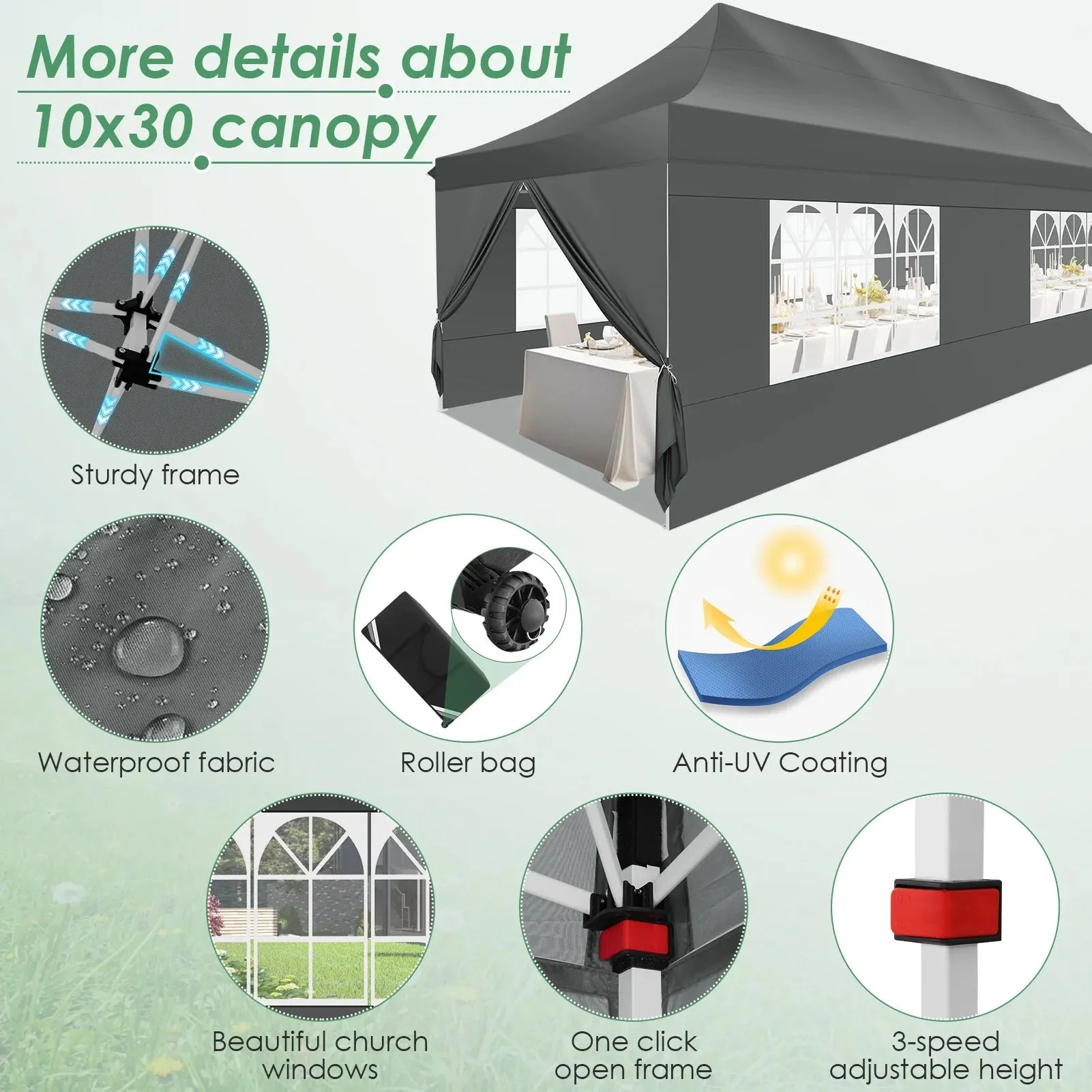 Hoteel Canopy 10x10 Pop Up Canopy Tent 1-Button Push Easy up Outdoor Canopy Instant Portable Commercial Shelter Waterproof UPF50  Gazebo with Reflective Strip, Air Vent & 4 Sandbags, Gray