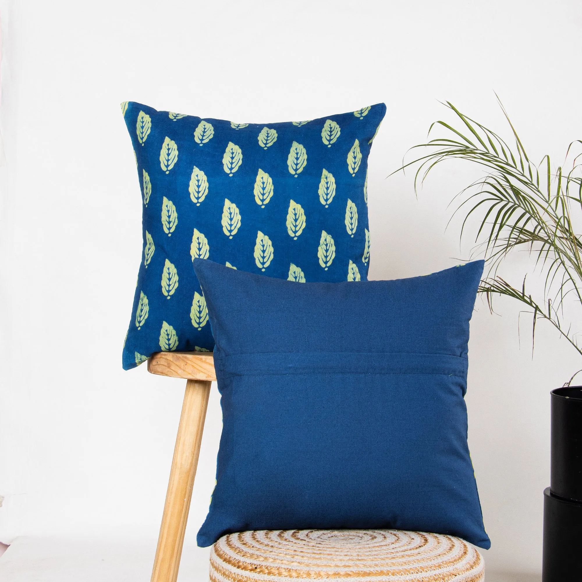 Indigo Green Cotton Leaf Block Print Cushion Covers