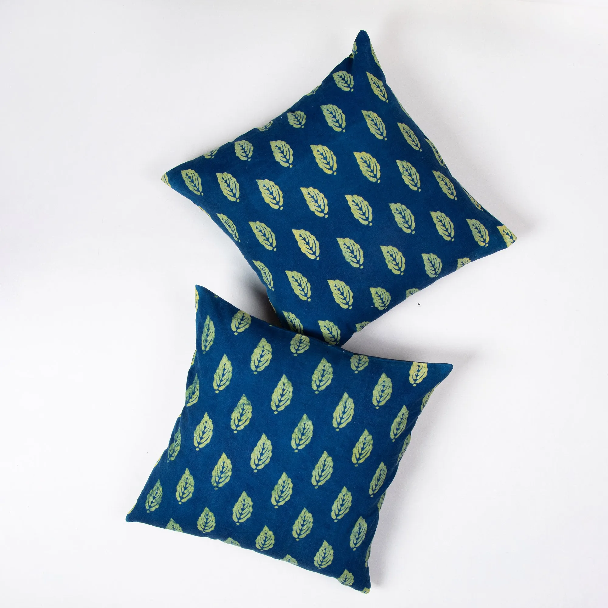 Indigo Green Cotton Leaf Block Print Cushion Covers