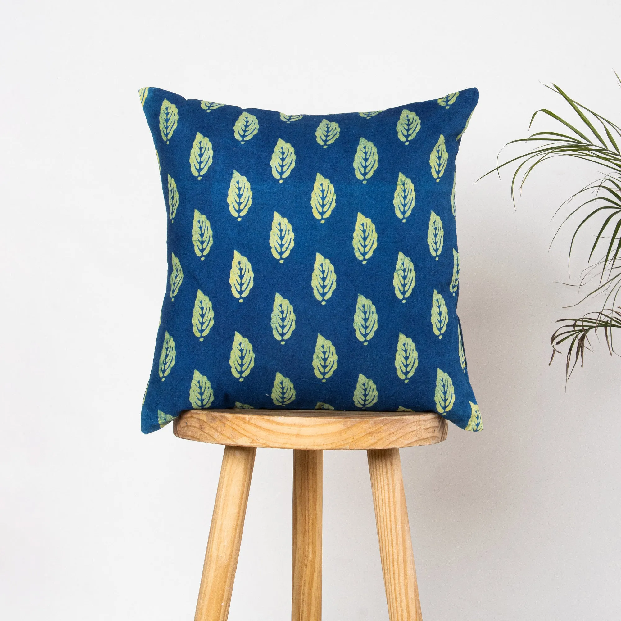 Indigo Green Cotton Leaf Block Print Cushion Covers