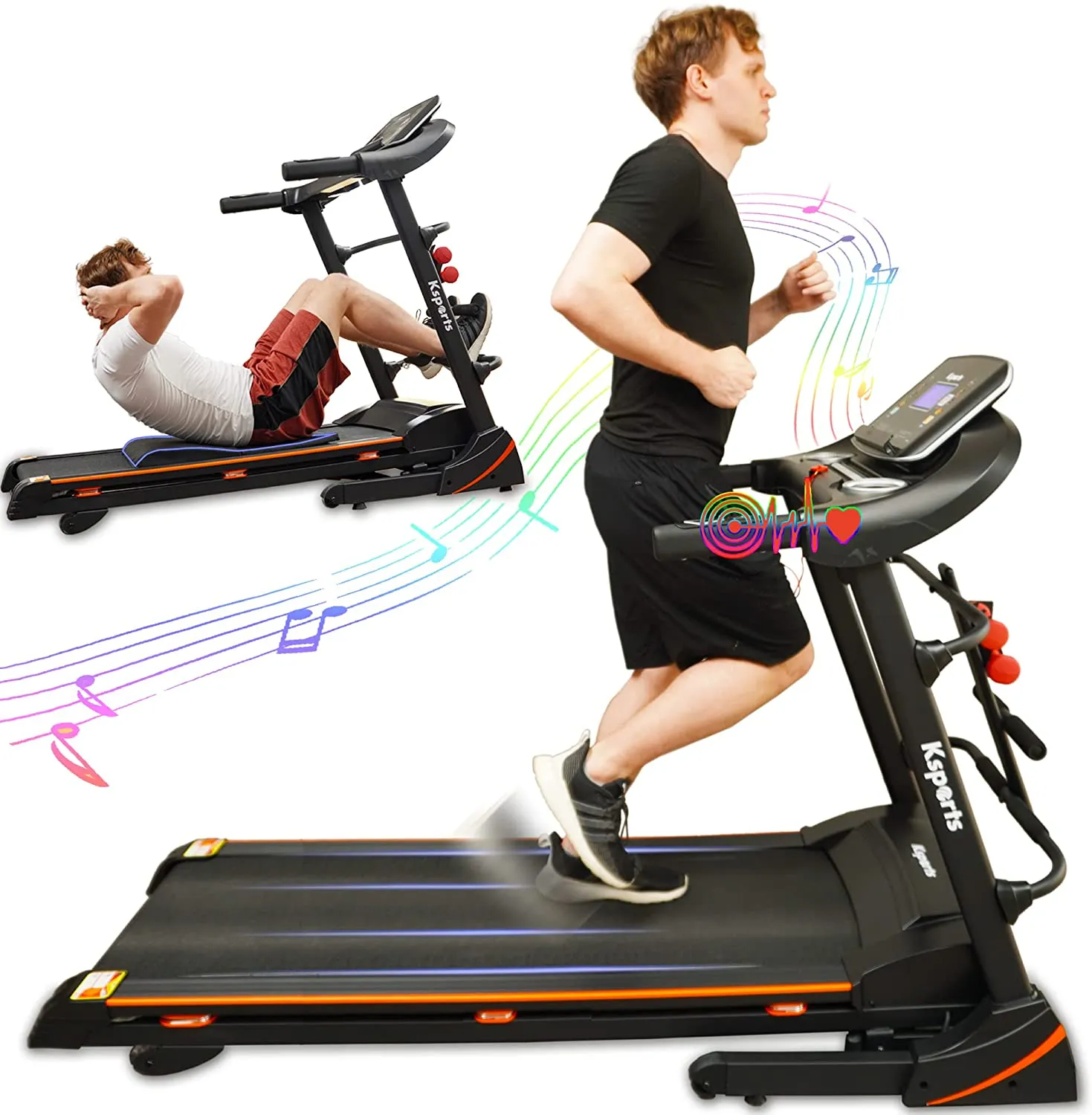 Ksports Treadmill Bundle Comprising of Electric Folding Treadmill with Auto/Manual Incline Sit Ups Rack & Ab Mat, Dumb Bells for Home Office Gym Small Spaces, Running Machine with Smart APP