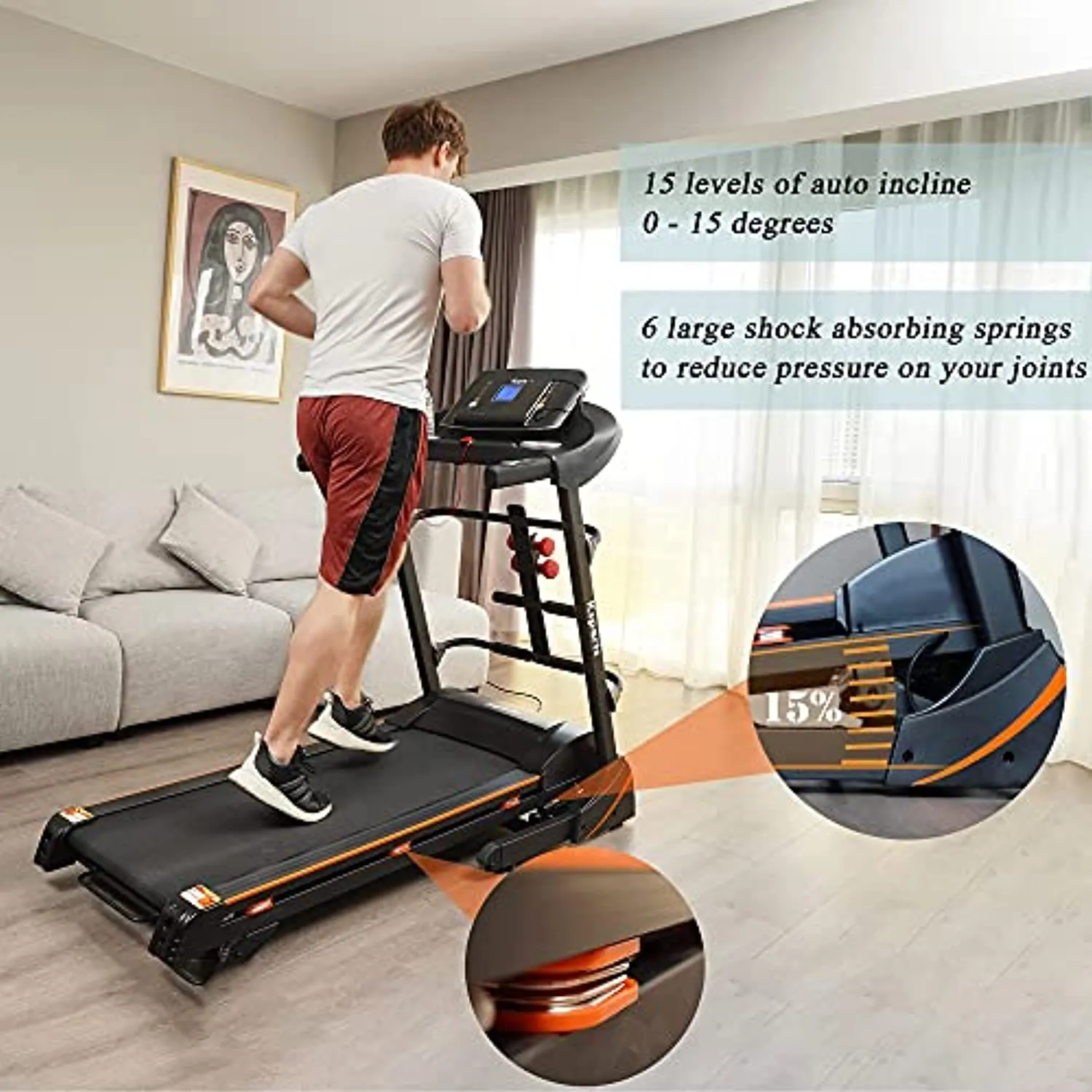 Ksports Treadmill Bundle Comprising of Electric Folding Treadmill with Auto/Manual Incline Sit Ups Rack & Ab Mat, Dumb Bells for Home Office Gym Small Spaces, Running Machine with Smart APP