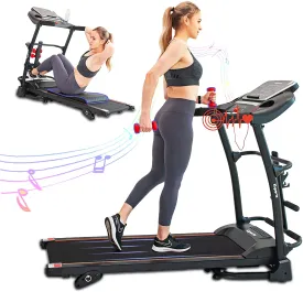 Ksports Treadmill Bundle Comprising of Electric Folding Treadmill with Auto/Manual Incline Sit Ups Rack & Ab Mat, Dumb Bells for Home Office Gym Small Spaces, Running Machine with Smart APP