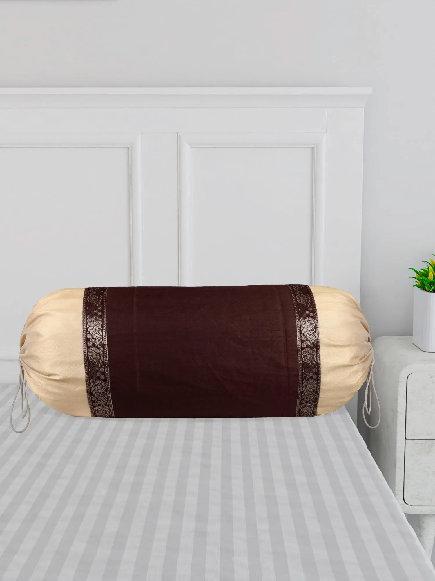 Kuber Industries Bolster Covers | Dupion Polyester Bolster Cover Set | Diwan Bolster Cover Set | Bolster Pillow Cover | Lace Design Masand Cover | 16x32 Inch | Pack of 4 | Brown