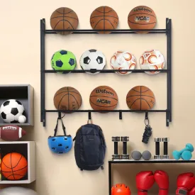 Matte Black Metal Wall Mounted Sports Ball Rack, Gym Exercise Equipment Storage Organizer Shelf Display with S-Hooks