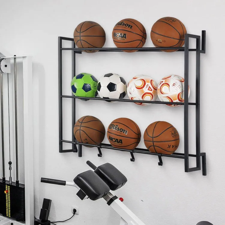 Matte Black Metal Wall Mounted Sports Ball Rack, Gym Exercise Equipment Storage Organizer Shelf Display with S-Hooks