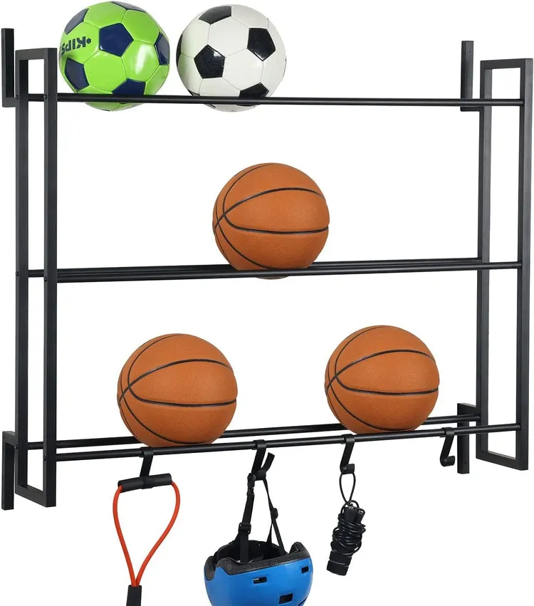 Matte Black Metal Wall Mounted Sports Ball Rack, Gym Exercise Equipment Storage Organizer Shelf Display with S-Hooks