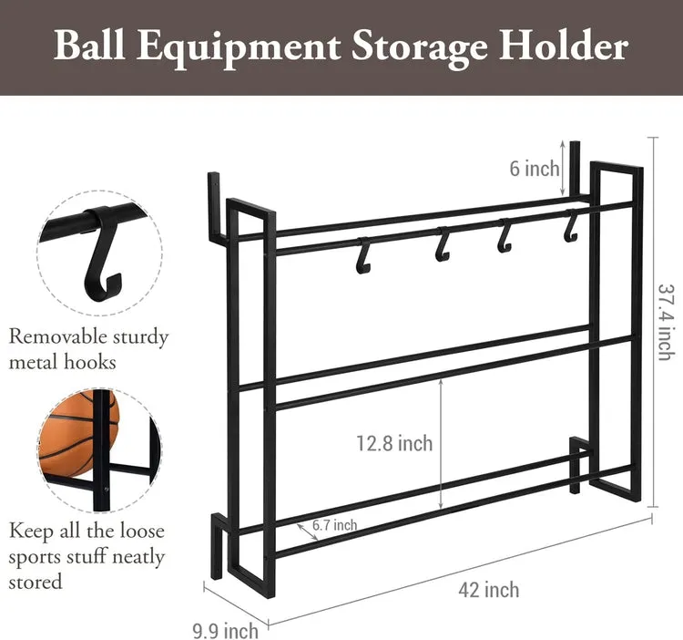 Matte Black Metal Wall Mounted Sports Ball Rack, Gym Exercise Equipment Storage Organizer Shelf Display with S-Hooks