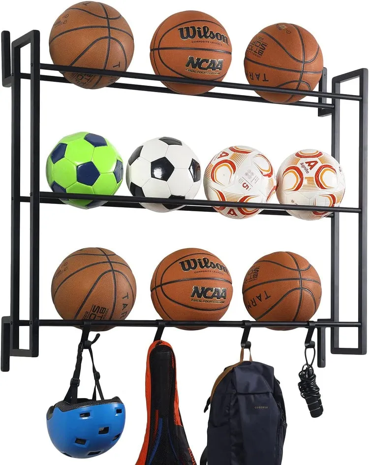 Matte Black Metal Wall Mounted Sports Ball Rack, Gym Exercise Equipment Storage Organizer Shelf Display with S-Hooks