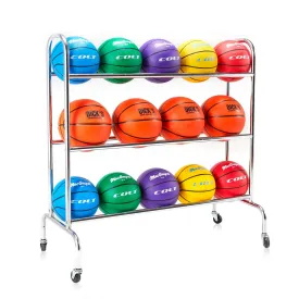 Multicolor Basketballs on Metal Rolling Rack