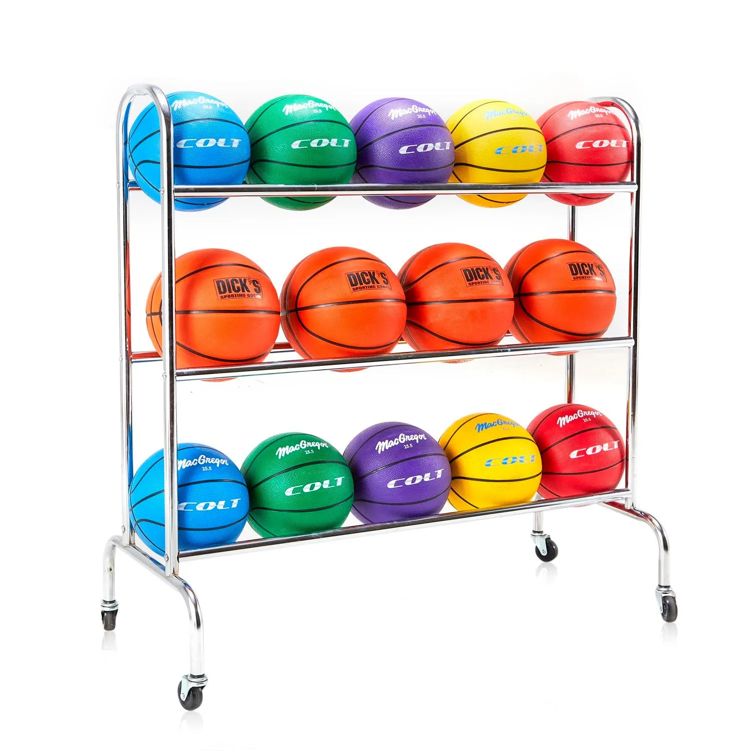 Multicolor Basketballs on Metal Rolling Rack