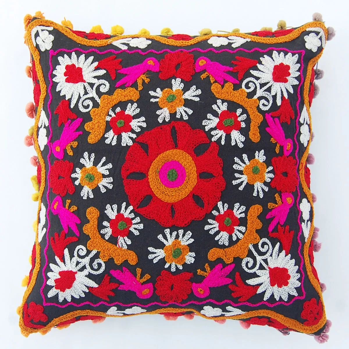 Pom Pom Vintage Suzani Cushion Cover Embroidery Pillows - CraftJaipur