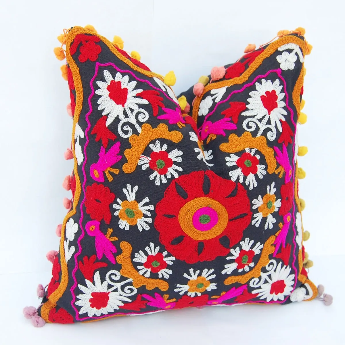 Pom Pom Vintage Suzani Cushion Cover Embroidery Pillows - CraftJaipur