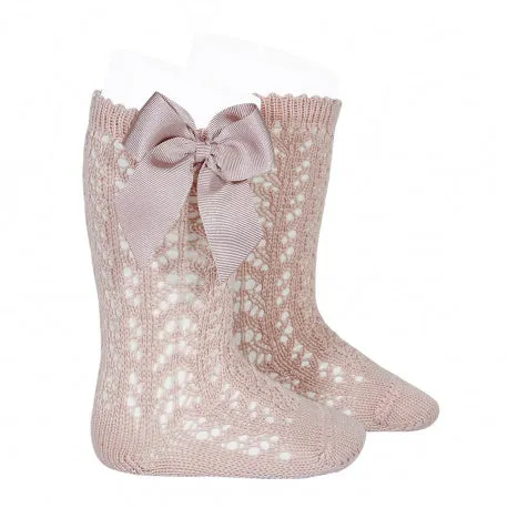 Powder Pink Knee High Open Weave Spanish Bow Socks